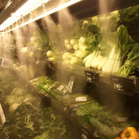 Fresh fruit and vegetables misted in supermarket shelf