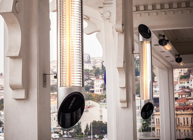 Veito heaters mounted vertically because wall space is limited