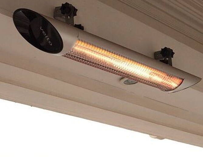 Veito heater mounted on the ceiling provides warmth below