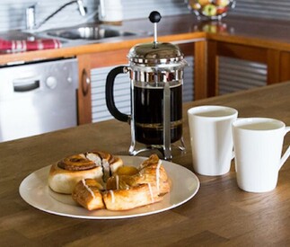 kitchen bench with coffee and cake