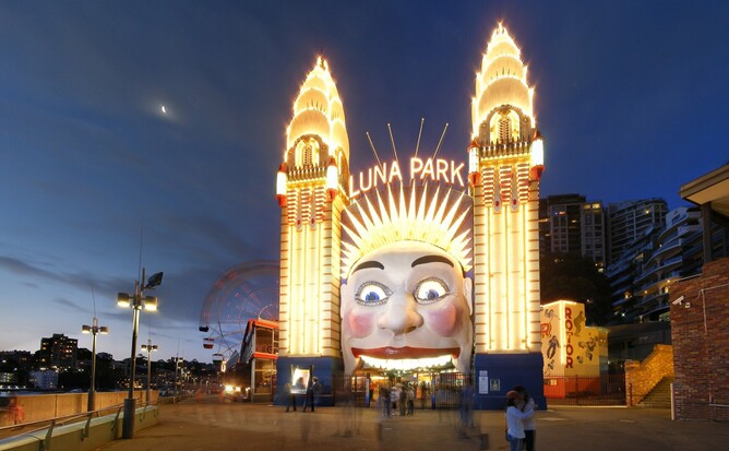 photo of Luna Park entrance at night with the face lit up