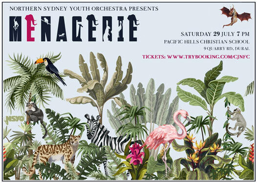 flyer for the menagerie concert with exotic animals drawn in colour and concert details. 