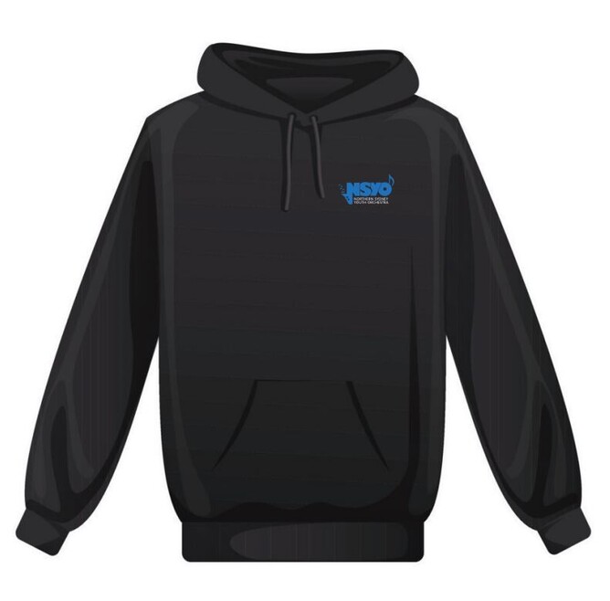 front of the NSYO hoodie, black with blue and white NSYO logo