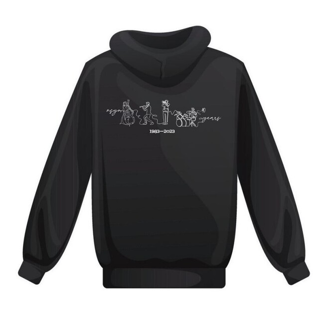 back of the NSYO black hoodie with drawn image of four musicians with the words 1983 to 2023