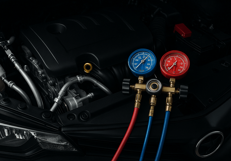 Auto electrician servicing car air conditioning system including regas, leak detection, hose repair, and climate control diagnostics in Penrith