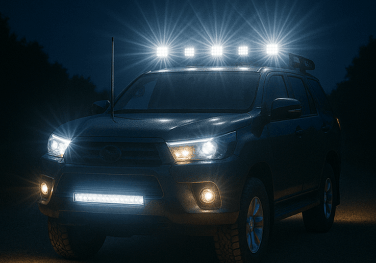 Auto electrician fitting LED light bars, trailer lighting, interior and exterior lighting upgrades, and custom accessory wiring in Penrith