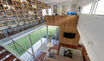Looking down from the library to the family area