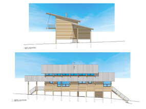 Modern heavy timber post and beam house. Rendered elevations.