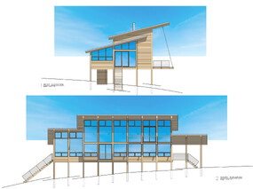 Modern heavy timber post and beam house. Rendered elevations.