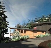 3D Model: View from Northwest looking down on driveway, garage and entry on upper floor near the top of slope.