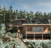 3D Model: View from Southeast showing new beach house design in context with beach, slope and adjacent houses.