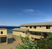 3D Model: View from North looking down from top of slope to sheltered deck at lower level.