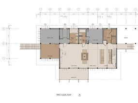 Modern heavy timber post and beam house. Ground floor plan.