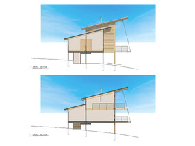 Modern heavy timber post and beam house. Rendered cross sections.
