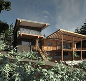 3D Model: View from Southwest showing new beach house design in context with beach, slope and adjacent houses.