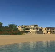 3D Model: View from South showing new beach house design in context with beach, slope and adjacent houses.