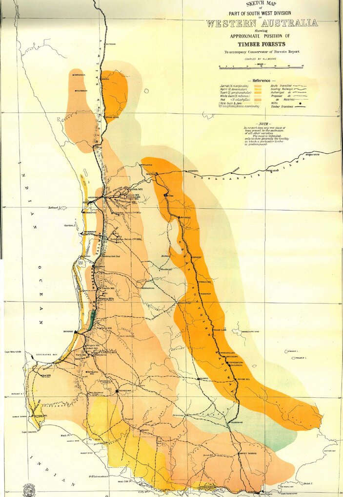 Sketch map by John Ednie-Brown of timber Forests of Southwest WA