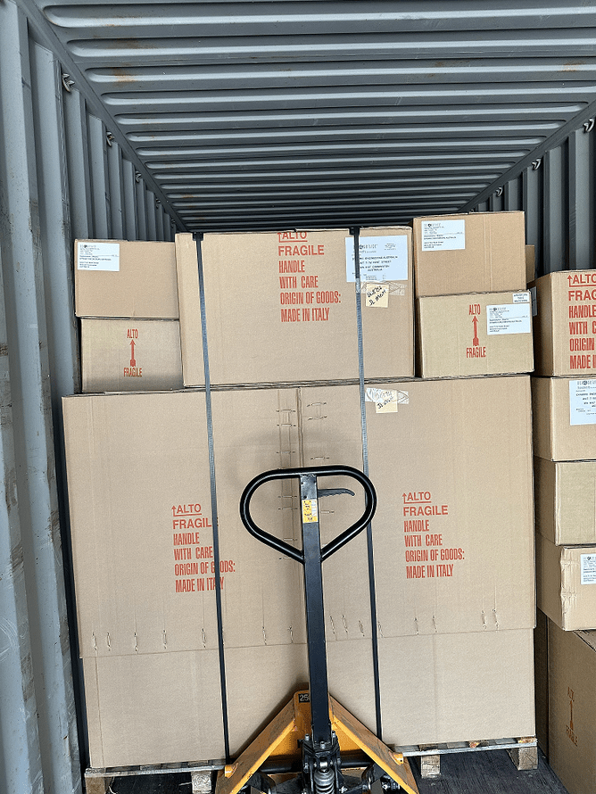 Inside the container with boxes ready to be unloaded