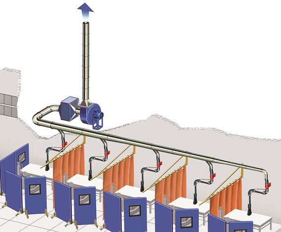 Diagram of welding stations with ducted fume extraction arms