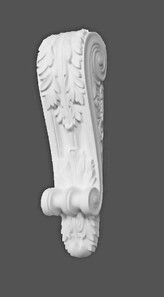 Plaster corbel with acanthus leaf on front and scrolls on each side. BC941, length 542mm x 140mm width x 150mm depth.