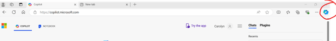 Screenshot of where the Copilot button is Microsoft Edge