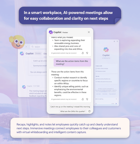 Infographic from Microsoft about how Copilot's AI can help with Teams meetings