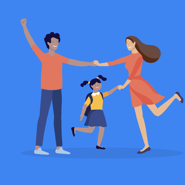 Compass illustration of two parents and a child dancing together.