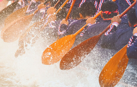 Group of people rowing with oars